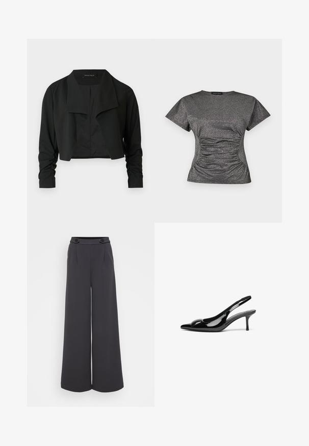 Veste noire courte avec un col fendu et des manches longues froncées. Réalisée dans un tissu lisse, présentant un design simple et épuré.; Haut à manches courtes en gris métallique scintillant, avec un col rond et des détails de fronces à la taille.; Pantalons ample en tissu gris foncé. Caractéristiques des plis à l'avant et deux boutons décoratifs sur la taille. Texture lisse et coupe ajustée.; Escarpins slingback en cuir verni noir avec un bout pointu et une finition brillante. Présente un talon fin et un accent arrondi au dessus du pied.