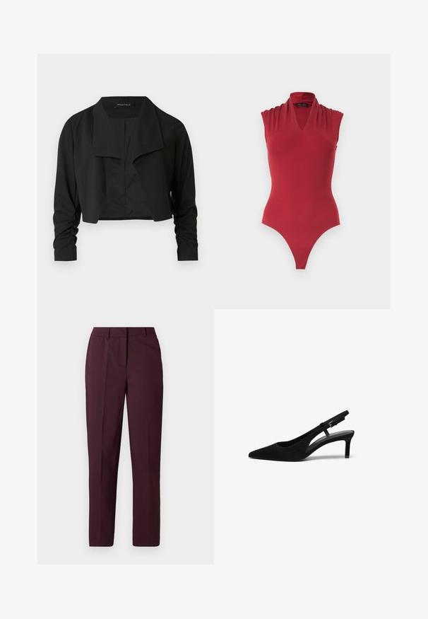 Chaqueta negra corta con cuello dividido y mangas largas fruncidas. Hecha de un tejido liso, con un diseño sencillo y limpio.; Body rojo sin mangas con escote en V y detalles fruncidos en los hombros, diseñado para una silueta ajustada.; Pantalones rectos color burdeos con una textura suave, con frente plano y sin bolsillos visibles. Diseño confeccionado con un corte clásico.; Zapato slingback de ante negro con punta afilada, tacón bajo, lado abierto y correa ajustable con hebilla de metal. Textura suave.