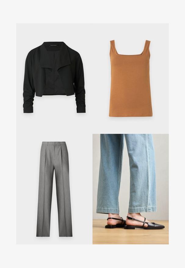 Zwarte cropvest met een gespleten kraag en gerimpelde lange mouwen. Gemaakt van een gladde stof, met een eenvoudig, strak ontwerp.; Bruine mouwloze tanktop met een vierkante halslijn. Gemaakt van zacht, rekbaar stof met nette naden en een egale textuur.; Grijze op maat gemaakte broek met geplooide voorkant, rechte pijpen en een subtiele textuur. Heeft een tailleband met riemlussen en geen zichtbare zakken.; Zwarte leren slingback schoenen met een spitse neus, platte hak en enkelband; gedragen met lichtblauwe wijde jeans.