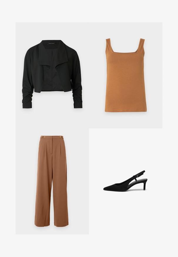 Chaqueta negra corta con cuello dividido y mangas largas fruncidas. Hecha de un tejido liso, con un diseño sencillo y limpio.; Camiseta sin mangas marrón con escote cuadrado. Está hecha de un tejido suave y elástico, con costuras limpias y una textura uniforme.; Pantalones marrones de tiro alto y pierna ancha con pliegues delanteros y detalles de botones en la cintura, mostrados sobre un fondo liso.; Zapato slingback de ante negro con punta afilada, tacón bajo, lado abierto y correa ajustable con hebilla de metal. Textura suave.