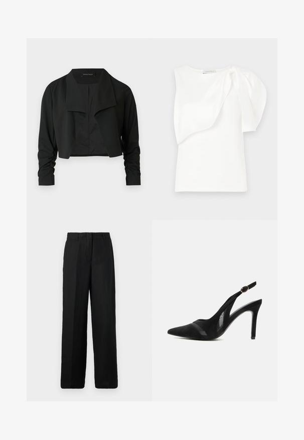 Sort cropped jakke med delt krave og rynkede lange ærmer. Fremstillet af et glat stof med et enkelt, rent design.; Hvid ærmeløs top med asymmetrisk lagdelt stofdetalje og rynket puf på den ene skulder, liggende fladt på hvid baggrund.; Sort brede benbukser lavet af et letvægtsstof. Har en flad front med bæltestropper og sidelommer, hvilket giver en afslappet pasform.; Sort ruskind spids tå slingback-pumpe med mesh accenter, en tynd høj hæl og en guld spænde rem mod en ensfarvet baggrund.