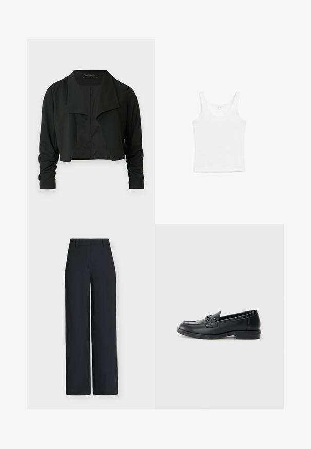 Sort cropped jakke med delt krave og rynkede lange ærmer. Fremstillet af et glat stof med et enkelt, rent design.; Hvid ærmeløs tanktop med rund halsudskæring, lagt fladt på en hvid baggrund.; Sorte bukser med høj talje og vide ben, med bæltestropper og skjult forlukning foran.; Sorte læder loafers med rund tå, en syet design og en sløjfeaccent på overlappen. Lav blokhæl og glat tekstur.