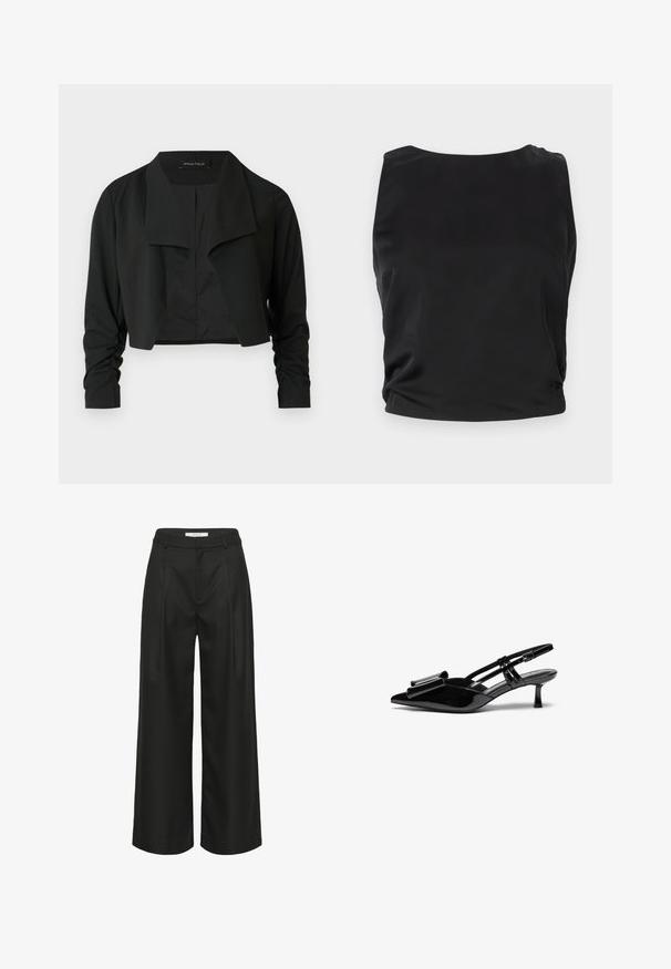 Veste noire courte avec un col fendu et des manches longues froncées. Réalisée dans un tissu lisse, présentant un design simple et épuré.; Débardeur noir sans manches avec une texture lisse et brillante ; il présente un col rond et des détails froncés sur les côtés pour une silhouette ajustée.; Pantalon noir à jambes larges avec une coupe ajustée, doté d'une taille haute, de plis à l'avant et d'une texture de tissu lisse. Convient pour une tenue formelle.; Talons aiguilles en cuir verni noir avec un bout pointu, un détail en nœud à l'avant et un petit talon stiletto. Les brides sont équipées de boucles ajustables.