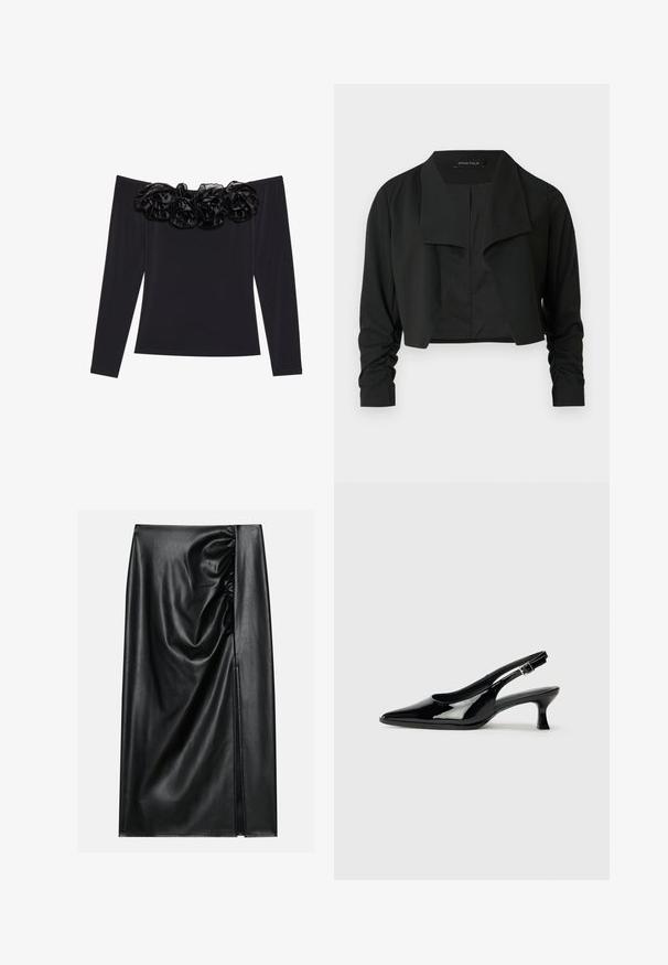 Sort cropped jakke med delt krave og rynkede lange ærmer. Fremstillet af et glat stof med et enkelt, rent design.; Sort off-shoulder top med lange ærmer, der har en tekstureret blomsterkant i sort velour langs halsudskæringen.; Sort læderskirt med en glat overflade, der har en indsamlet sektion på den ene side og en skråning på siden for ekstra detaljer.; Sorte patenterede slingback-sko med spidse tæer og lav blokhæl. Justerbar spænde-rem ved anklen.