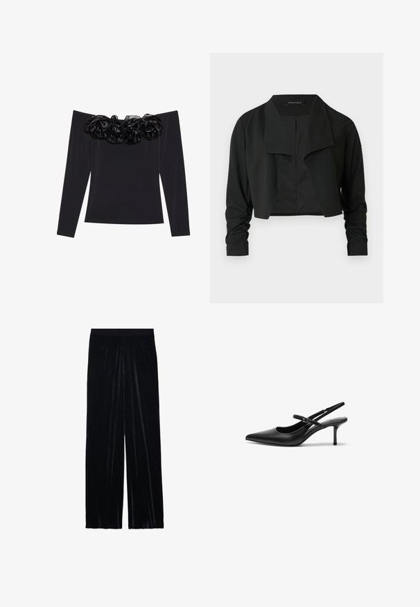 Sort cropped jakke med delt krave og rynkede lange ærmer. Fremstillet af et glat stof med et enkelt, rent design.; Sort off-shoulder top med lange ærmer, der har en tekstureret blomsterkant i sort velour langs halsudskæringen.; Sorte bukser med brede ben, glat ribbet tekstur og elastisk taljebånd, med et flydende design for komfort og bevægelsesfrihed.; Sorte læder slingback hæle med spids tå, slank justerbar rem og en stiletto hæl på cirka 5 cm, glat tekstur.
