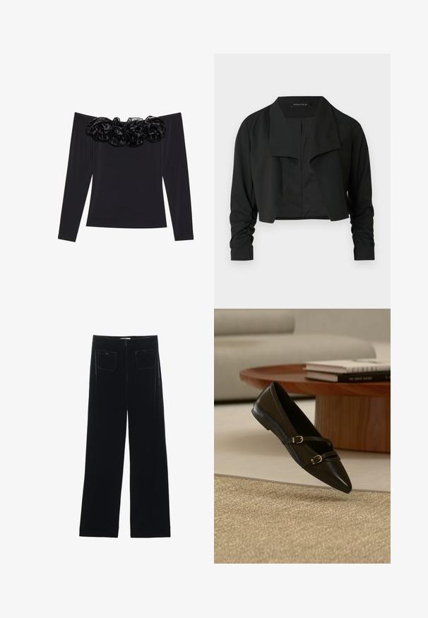 Sort cropped jakke med delt krave og rynkede lange ærmer. Fremstillet af et glat stof med et enkelt, rent design.; Sort off-shoulder top med lange ærmer, der har en tekstureret blomsterkant i sort velour langs halsudskæringen.; Sorte velour bredbukser med to baglommer og en glat tekstur, der har en lige skæring og syede afslutninger ved anklerne.; Sort flad sko med spids snude og to tynde remme med spænder, der svæver over et beige tæppe, med et bord i træ og bøger i baggrunden.