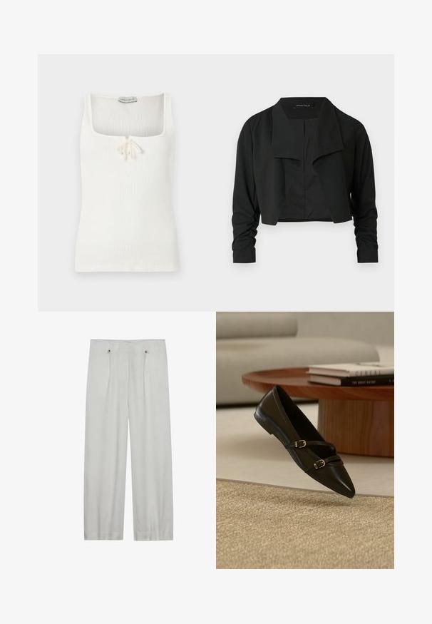 Veste noire courte avec un col fendu et des manches longues froncées. Réalisée dans un tissu lisse, présentant un design simple et épuré.; Débardeur blanc côtelé sans manches avec un décolleté carré et un petit nœud noué au centre devant.; Pantalons taille haute en gris clair, à jambes larges, fabriqués en tissu doux. Comprend deux plis avant, deux boutons de fermeture et une texture lisse.; Chaussure plate noire à bout pointu avec deux fines brides à boucle flottant au-dessus d'un tapis beige, avec une table basse en bois et des livres en arrière-plan.