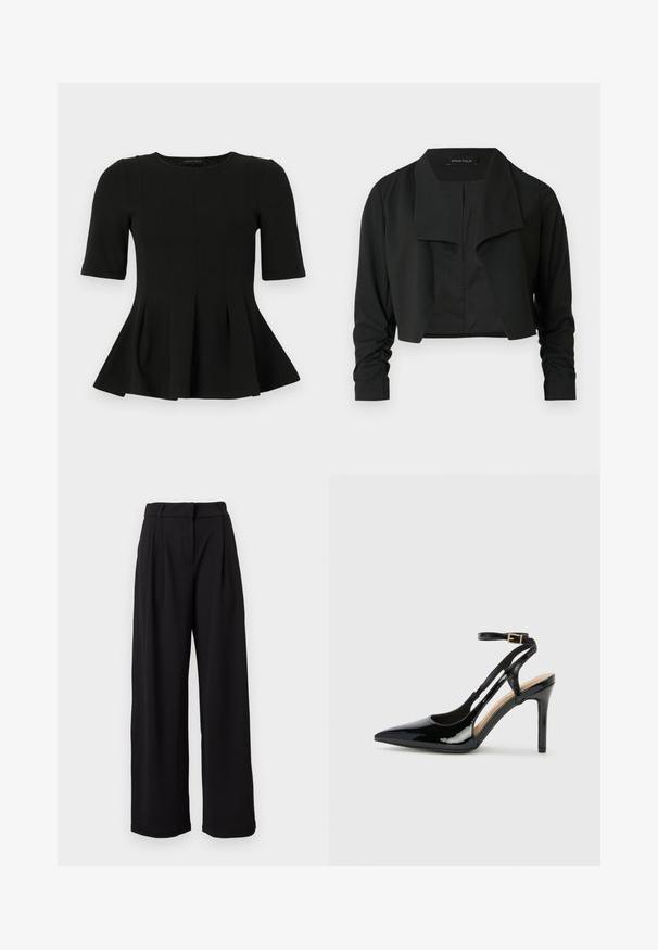 Veste noire courte avec un col fendu et des manches longues froncées. Réalisée dans un tissu lisse, présentant un design simple et épuré.; Top en peplum noir à manches courtes avec un col rond et des détails de coutures verticales, présenté sur un fond blanc.; Pantalon noir taille haute à jambes larges avec passants pour ceinture et fermeture éclair frontale, présenté sur un fond blanc.; Escarpin en cuir verni noir à talon haut, avec un bout pointu, une bride réglable à la cheville et des côtés ouverts. Texture lisse.