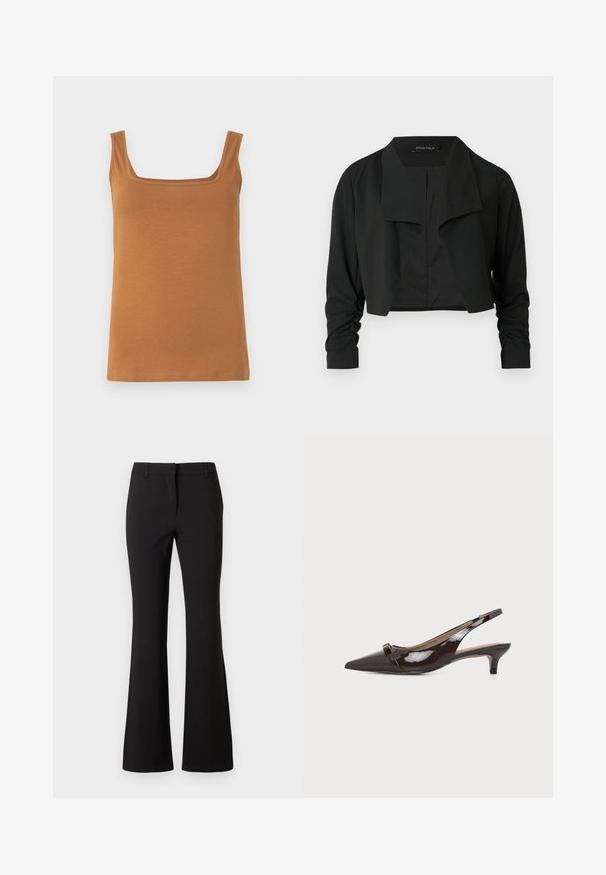 Veste noire courte avec un col fendu et des manches longues froncées. Réalisée dans un tissu lisse, présentant un design simple et épuré.; Débardeur marron sans manches avec un col carré. Confectionné dans un tissu doux et extensible, doté de coutures nettes et d'une texture uniforme.; Pantalon évasé noir en tissu lisse, présentant un pli frontal, des passants de ceinture et une coupe ajustée. Design épuré sans motifs visibles.; Chaussure slingback brillante marron foncé à bout pointu, petit talon kitten et petite boucle décorative sur la bride avant.