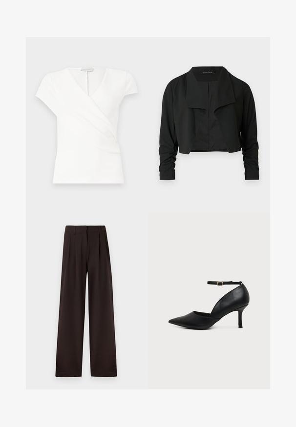 Veste noire courte avec un col fendu et des manches longues froncées. Réalisée dans un tissu lisse, présentant un design simple et épuré.; Haut blanc à manches courtes pour femmes avec col en V et design portefeuille, présentant de subtils plis à l'avant.; Pantalon marron foncé à jambes larges avec plis et passants pour ceinture, doté d'une fermeture éclair avant et d'un ourlet net sur un fond uni.; Chaussure en cuir noir à bout pointu avec talon kitten, bride à la cheville et boucle dorée sur fond neutre.
