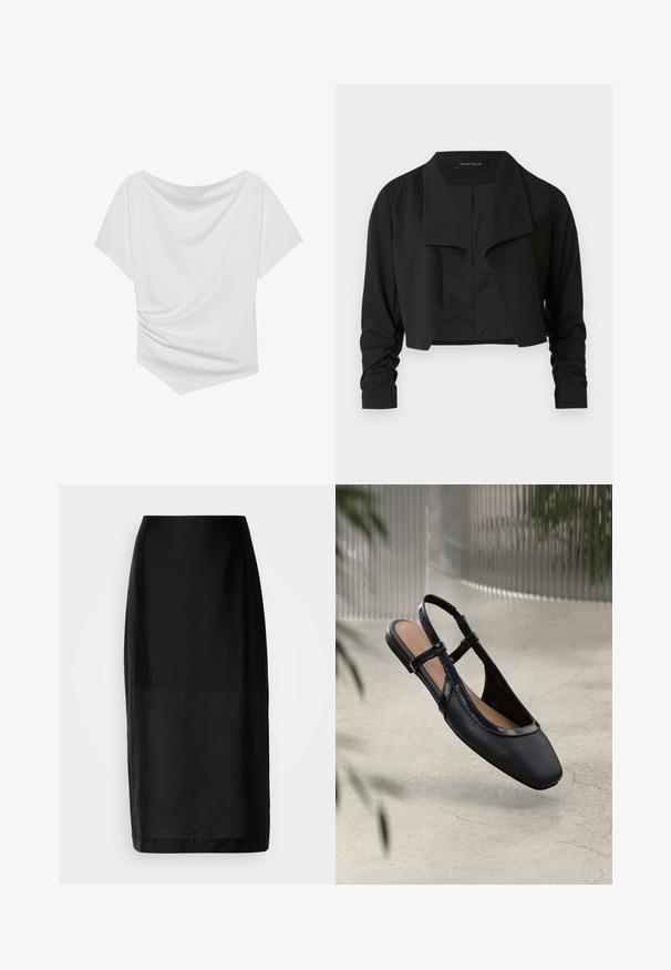 Chaqueta negra corta con cuello dividido y mangas largas fruncidas. Hecha de un tejido liso, con un diseño sencillo y limpio.; Top blanco de manga corta con diseño de hombros al descubierto, que presenta una textura drapeada y un detalle fruncido en un lado. Tejido suave.; Falda midi negra con un diseño recto, hecha de una tela suave. Presenta una cinturilla y un dobladillo a la altura de la rodilla.; Zapato plano de piel negra tipo slingback con punta cuadrada, que presenta un ribete brillante de charol y correas ajustables para un ajuste seguro.