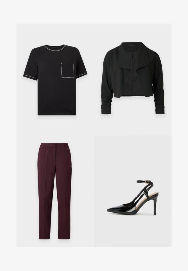 Veste noire courte avec un col fendu et des manches longues froncées. Réalisée dans un tissu lisse, présentant un design simple et épuré.; T-shirt noir à manches courtes avec des surpiqûres blanches contrastantes sur le col, les bords des manches et une poche avant sur la poitrine gauche.; Pantalon droit bordeaux avec une texture lisse, présentant un devant plat et sans poches visibles. Coupe ajustée avec une coupe classique.; Escarpin en cuir verni noir à talon haut, avec un bout pointu, une bride réglable à la cheville et des côtés ouverts. Texture lisse.