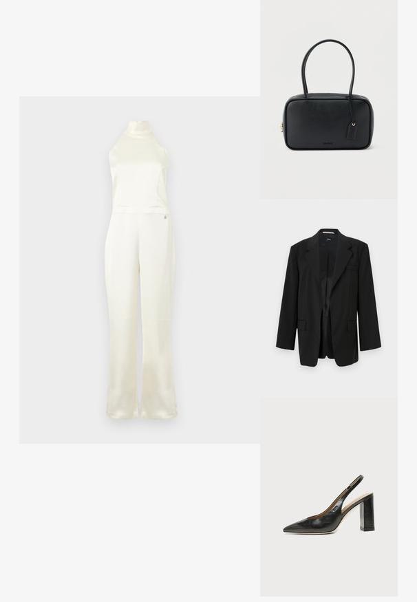 Sort blazer med almindelig revers, enkelt knaplukning og to forlommer. Fremstillet af glat stof med en struktureret pasform og inderlæg.; Creme satin jumpsuit med høj hals, tætsiddende buste og vidde ben. Har et lille logo-detail nær taljen. Glat struktur.; Sort læder peep-toe slingback sko med høj blokhæl og beige indvendig foring mod en ensfarvet lys baggrund.; Sort rektangulær håndtaske med dobbelte runde håndtag, gylden lynlås og præget "HUGO"-logo foran med fastgjort lædermærke.
