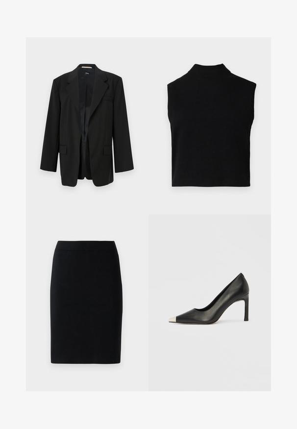 Sort blazer med almindelig revers, enkelt knaplukning og to forlommer. Fremstillet af glat stof med en struktureret pasform og inderlæg.; Sort ærmeløs turtleneck-top med en tætsiddende pasform, lavet af blødt stof, med en ribbet halsudskæring og en glat overflade.; Sort knælængde blyantskirt med elastisk talje mod en ensfarvet hvid baggrund.; Sort læder højhælet sko med spids tå og metal-sølv hætte. Har en glat finish og en slank hæl på 10 cm.