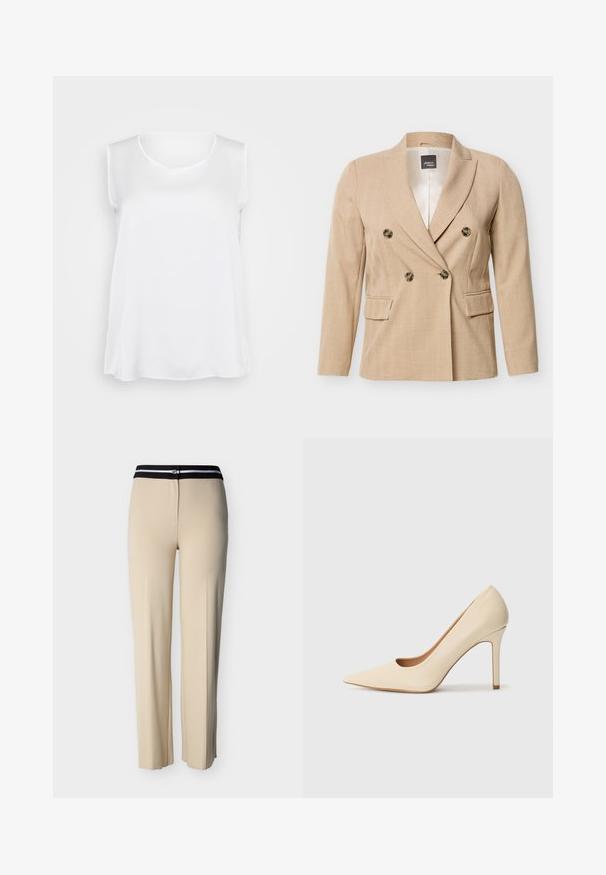 Beige dobbeltradet blazer med hakket revers, fire mørke knapper, to klaplommer og en glat lysefarvet inderside.; Hvid ærmeløs top med en glat tekstur, v-hals og afslappet pasform. Lidt buet kant og sideslids for forbedret bevægelse.; Beige bukser med lige ben og en sort linning med en knap og en lille logodetalje midt foran.; Beige læder højhælede pumps med spidse tæer og et udskæringsdetalje på siden, der har en slank stilettohæl for støtte.