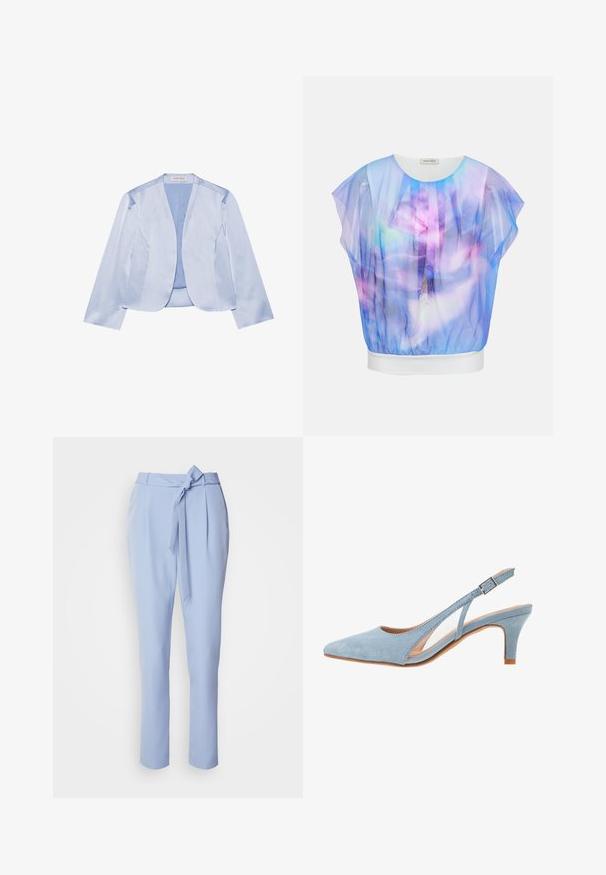 Hellblaues Satin-Blazer mit Schalkragen, langen Ärmeln, offenem Design und glatter Textur. Keine sichtbaren Schließmechanismen oder Muster.; Transparente Bluse mit kurzen Ärmeln in Lila- und Blauverlauf mit Blumen- und Federmustern, weißem Rundhalsausschnitt und Saumband.; Helle blaue, maßgeschneiderte Hose aus glattem Stoff, mit schmal zulaufenden Beinen und einem vorderen Bindeband in der Taille. Verfügt über seitliche Taschen.; Himmelblauer Suede Slingback-Absatzschuh, spitze Zehenform, verstellbarer Knöchelriemen mit metallischer Schnalle, natürliche beige Innensohle und niedriger Absatz.