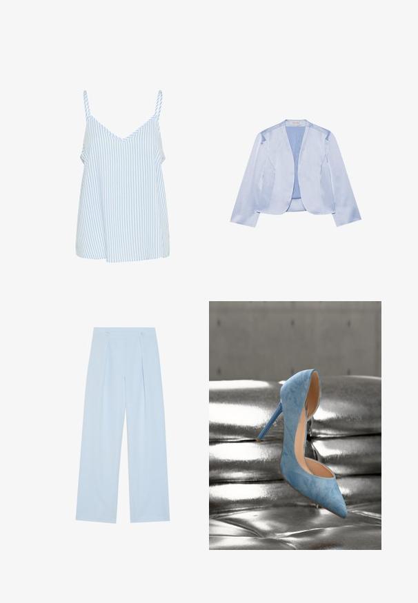 Blazer de satén azul claro con solapa, mangas largas, diseño de frente abierto y textura suave. Sin cierre visible ni patrones.; Top de tirantes finos a rayas azules y blancas, con un diseño de cuello en V y una forma suelta y fluida. Textura de tejido suave.; Pantalones de tiro ancho en azul claro con dos pliegues delanteros, dos botones en la cintura y una textura de tela suave.; Zapato de tacón alto azul claro con punta puntiaguda descansando sobre una superficie acolchada de cuero plateado brillante.