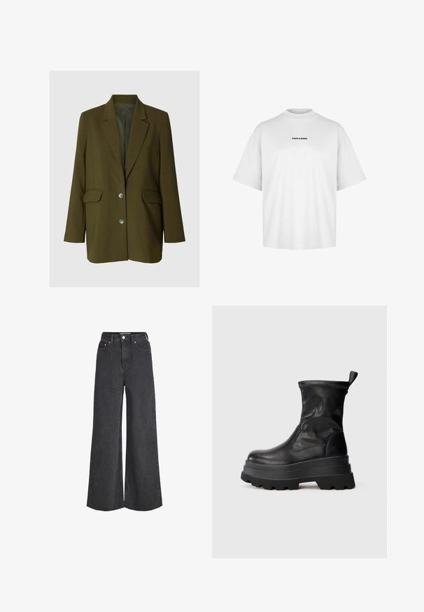 Olijfgroene blazer met inkeping in de revers, twee klepzakken aan de voorkant, twee knopen en lange mouwen, getoond op een neutrale achtergrond.; Witte T-shirt met korte mouwen en zwart "PEGADOR" tekstlogo gecentreerd op de borst, met een ronde hals en een relaxte pasvorm.; Zwarte high-waist jeans met wijde pijpen, sluiting aan de voorkant met knopen en rits, voorzakken en rafelige zoom.; Zwarte leren enkellaars met een stevige, gestructureerde rubberen zool, elastische zijpanelen en een lus aan de achterkant voor gemakkelijk aan- en uittrekken.