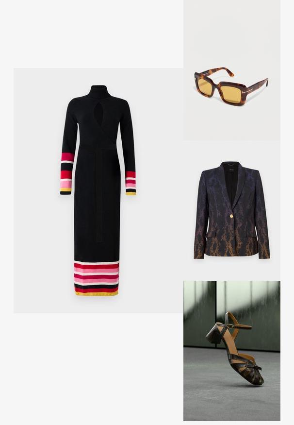 Sort blazer med et gradient slangeprint i lilla til orange. Har en enkelt guldknap og to forlommer. Tekstureret stof.; Strikket sort kjole med høj krave, omslag design, lange ærmer med farverige stribede detaljer i pink, rød og gul ved manchetterne og kanten.; Sort læder sandal med hæl, ankelrem, spænde og knyttede frontstropper placeret på gråt gulv mod sløret baggrund.; Firkantede solbriller med skildpaddeskjoldmønster, ravfarvede linser og tynde gulddetaljer på hængslerne, vist på hvid baggrund.