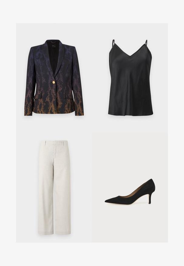 Blazer noir avec un imprimé serpent dégradé du violet à l'orange. Doté d'un bouton unique en or et de deux poches avant. Tissu texturé.; Haut caraco en satin noir avec bretelles fines réglables et encolure en V, présenté sur un fond gris clair.; Pantalon beige taille haute à coupe droite, avec passants de ceinture et une fermeture avant dissimulée, sur un fond uni.; Escarpin en daim noir à bout pointu avec un talon stiletto fin de hauteur moyenne et un design à coupe basse sur un fond uni.