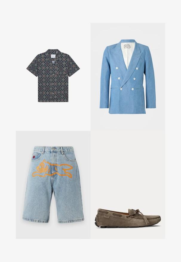 Lyseblå dobbeltradet blazer med seks hvide knapper, notch revers og to forlommer, vist mod en hvid baggrund.; Kortærmet skjorte med en mørkeblå stof og et geometrisk blomstermønster i livlige farver, knaplukning foran og en afslappet krave.; Icecream RUNNING DOG - Denimshorts - heavy wash blue; Lysebrun ruskindsslipper med snøre- og duskedetalje, syet moc-tå og gummiydersål, sidevisning.