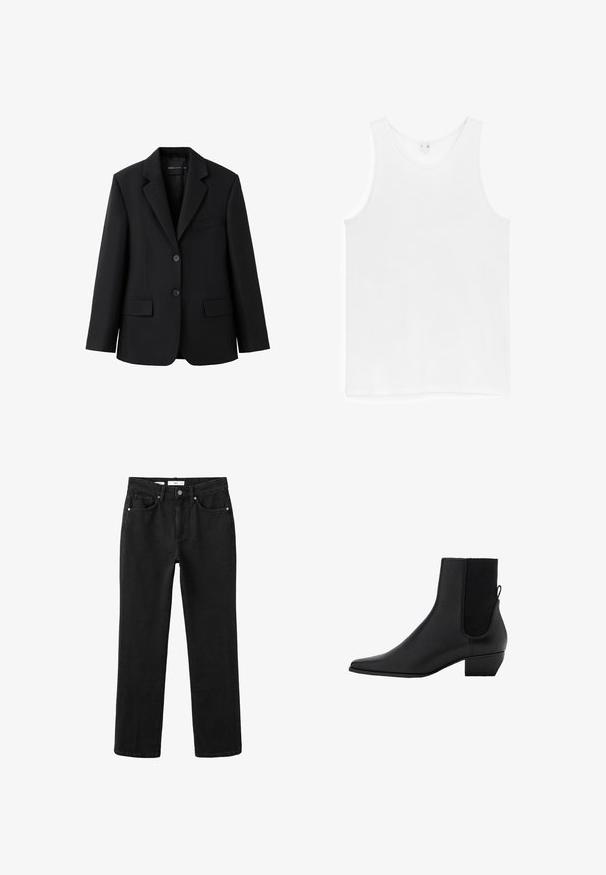 Zwarte op maat gemaakte blazer met inkeping revers, twee voorzakken met klep, één borstzak met bies en sluiting met twee knopen.; Effen wit mouwloos hemd met ronde hals, plat liggend tegen een witte achtergrond.; Zwarte recht gesneden jeans met knopen en rits aan de voorkant, vijfzakkenontwerp en riemlussen.; Zwarte enkelboot van soepel leer met een spitse neus, elastische zijpanelen en een lage blokhak. Minimalistisch ontwerp zonder zichtbare hardware.