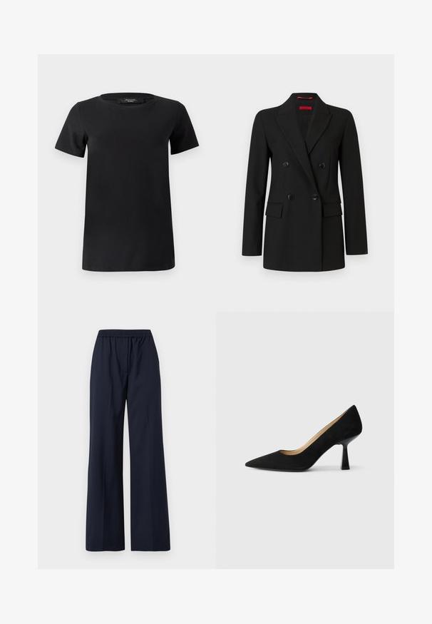 Blazer noir croisé avec quatre boutons, revers crantés, manches longues et poches à rabat à l'avant, présenté sur un fond blanc.; T-shirt noir à manches courtes en tissu de coton doux, doté d'un col rond et d'un design simple et classique sans ornements.; Pantalon large bleu marine avec une ceinture élastique et un devant lisse, présenté sur un fond blanc.; Pompe à talons hauts en suède noir avec un bout pointu, dotée d'un talon bloc noir brillant et d'une doublure intérieure lisse.