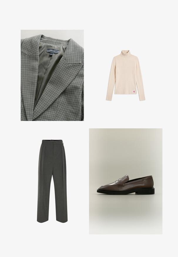 Grå ternet blazer med en glat grøn foring, der har en hakket krave og strukturerede skuldre. Mærket er "NEXT."; Beige ribstrikket langærmet turtleneck sweater med et lille logopatch nær den nederste kant på en hvid baggrund.; Grå viddebukser i tekstureret stof med højtaljet pasform og forreste læg. Designet har en glat linning uden synlige lukninger.; Brun læderslip-on loafer med sort sål og lav hæl, med en remdetalje over vristen.