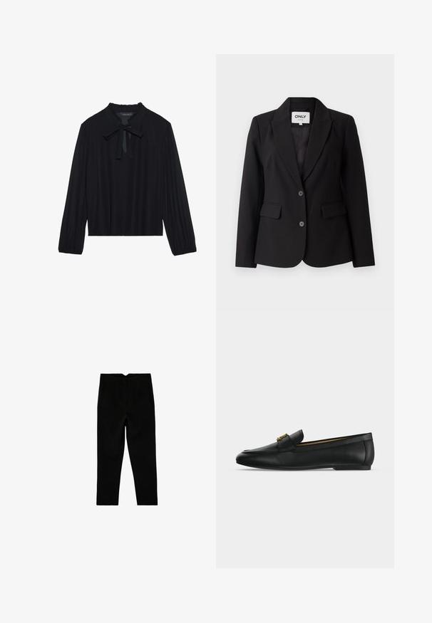 Blazer noir avec un col à revers, design à boutonnière simple, deux poches avant et deux boutons noirs. Tissu lisse avec une coupe ajustée.; Haut noir à manches longues, col volanté et nœud papillon au niveau du col. Tissu doux et lisse avec une coupe décontractée et des poignets froncés.; Pantalon noir sur mesure longueur cheville avec poches latérales et jambe légèrement fuselée, présenté à plat sur un fond blanc.; Chaussure mocassin en cuir noir avec un détail boucle en métal doré sur le dessus, semelle plate et couture le long du bord supérieur.