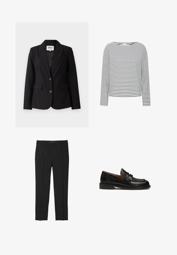 Zwarte blazer met een geknipt revers, enkelknopen ontwerp, twee voorzakken en twee zwarte knopen. Glad stof met een getailleerde pasvorm.; Langsleeve top met een bootnek, gemaakt van zachte stof met marineblauwe en witte horizontale strepen. Rechte snit en minimale details.; Zwarte broek van gladde stof, met een rechte pijp, voorzakken en een platte tailleband zonder zichtbare sluitingen.; Zwarte leren instapper met een ronde neus, decoratieve bovenband en lage gestapelde hak. Gladde textuur en minimale stiksels.