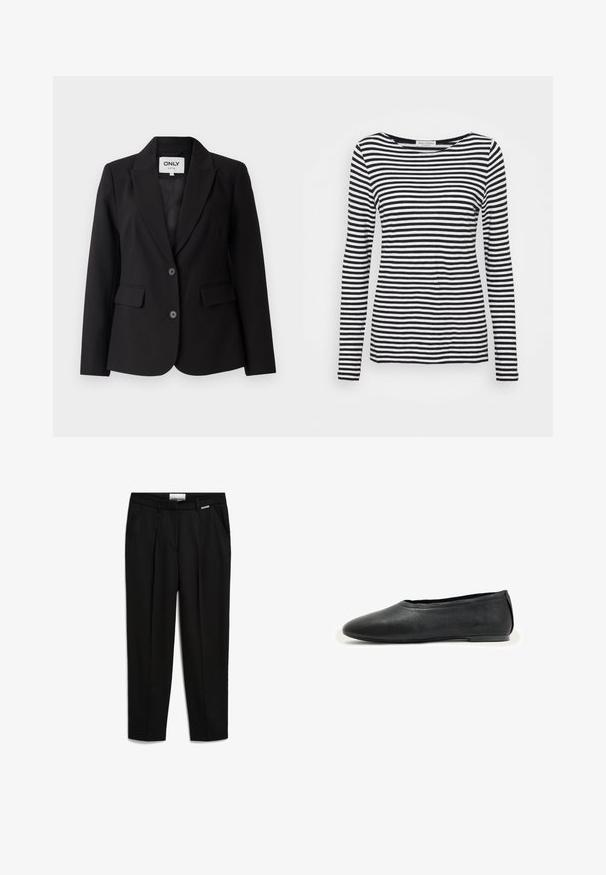Schwarzer Blazer mit Reverskragen, einreihigem Design, zwei vorderen Taschen und zwei schwarzen Knöpfen. Glattes Material mit taillierter Passform.; Langärmliges T-Shirt mit Rundhalsausschnitt, das ein schwarz-weiß gestreiftes Muster aufweist. Aus weicherm Stoff und mit regulärer Passform gefertigt. Sauberes, minimalistisches Design.; Schwarze Hose aus glattem Stoff, mit geradem Beinanschnitt, seitlichen Taschen und einem dezente Markenakzent am Bund.; Schwarzer flacher Lederschuh mit abgerundeter Spitze und niedrigem Absatz, entworfen für lässiges oder formelles Tragen.
