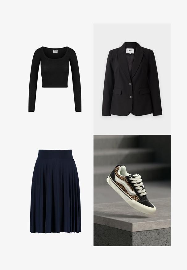 Čierny blazer s klopovým golierom, jednostranným zapínaním, dvoma prednými vreckami a dvoma čiernymi gombíkmi. Hladká tkanina s priliehavým strihom.; Čierny dlhý rukáv cropped top s okrúhlym výstrihom, vyrobený z rebrovanej látky. Disponuje priliehavým strihom a jemnou textúrou.; Námořní plisovaná sukně vyrobená z měkké látky, s širokým pasem a splývavým střihem, který sahá k polovině lýtek.; Čiernobiele tenisky s leopardím vzorom na bokoch a bielymi šnúrkami, ktoré sa vznášajú nad betónovým múrikom so zobrazenými rozmazanými schodmi v pozadí.