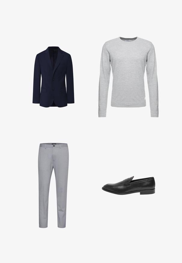 Façonnable PIMA COTTON STRETCH - Veste de costume - marine blue; Pull léger gris, manches longues, col rond, texture douce, design minimaliste, petite étiquette logo sur l'ourlet inférieur gauche.; Pantalon à motifs gris en tissu au toucher lisse. Comprend une fermeture à bouton et une coupe fuselée.; Mocassins en cuir noir avec un bout arrondi, un design à enfiler et un motif de couture subtil le long de l'avant et des côtés. Semelle en caoutchouc plate.