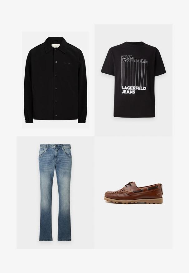 Schwarze Jacke mit durchgehendem Knopfverschluss, spitzem Kragen und elastischen Bündchen. Verfügt über Seitentaschen und ein dezentes gesticktes Logo.; Schwarzes T-Shirt aus Baumwolle mit weißem Blocktext "KARL LAGERFELD" und "LAGERFELD JEANS" sowie vertikalen Linienelementen; klassischer Rundhalsausschnitt.; Helleblaue Bootcut-Jeans aus Denim mit einem Farbverlauf, Fünf-Taschen-Design, Metallknopfverschluss und sichtbarem Stich entlang der Nähte.; Brauner Leder-Casual-Bootsschuh mit gewebter Zehenpartie, Schnürdetail und Gummisohle vor hellgrauem Hintergrund.