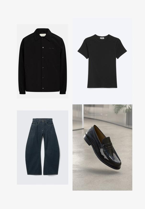 Veste noire avec fermeture boutonnée à l'avant, col pointu et poignets élastiques. Comprend des poches latérales et un logo brodé discret.; T-shirt noir uni à manches courtes et col rond avec une étiquette de la marque Weekday à l’intérieur du col, présenté sur fond blanc.; Jeans à jambes larges bleu foncé en denim, dotés de cinq poches, de coutures visibles, d'une fermeture par bouton et d'une finition soignée.; Mocassin en cuir verni noir avec un accent cousu, bout rond, petit talon et surface lisse, présenté sur un fond neutre.