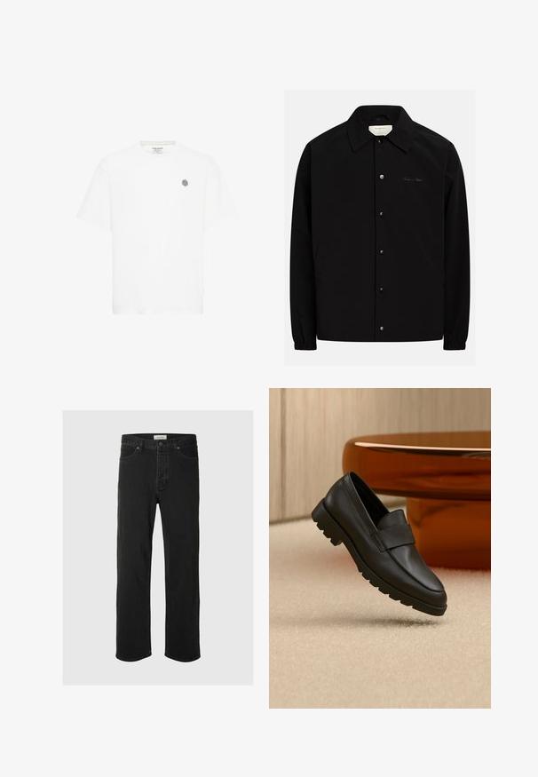 Schwarze Jacke mit durchgehendem Knopfverschluss, spitzem Kragen und elastischen Bündchen. Verfügt über Seitentaschen und ein dezentes gesticktes Logo.; Weißes Kurzarm-T-Shirt mit Rundhalsausschnitt und einem kleinen grauen geometrischen Logo auf der linken Brust. Hergestellt aus weichem Baumwollmaterial.; Schwarze Denim-Jeans im Straight-Leg-Schnitt verfügen über ein klassisches Fünf-Taschen-Design mit Knopfverschluss, minimaler Naht und einer weichen Textur.; Schwarzer Lederloafer mit dicker geriffelter Sohle, dargestellt über beigem Teppich, brauner gebogener Tisch im Hintergrund.