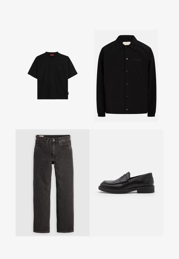 Schwarze Jacke mit durchgehendem Knopfverschluss, spitzem Kragen und elastischen Bündchen. Verfügt über Seitentaschen und ein dezentes gesticktes Logo.; Schwarzes kurzärmliges T-Shirt aus Baumwolle mit Rundhalsausschnitt und einem kleinen Etikett an der Seite. Glatte Textur und gerader Schnitt.; Schwarze Jeans aus Denim mit geradem Bein, fünf Taschen und metallischen Beschlägen. Der Stoff hat eine leichte Textur und eine einfarbige Oberfläche.; Schwarze Lederloafer mit abgerundetem Zeh, farblich abgestimmtem Nähen und einem Riemendetail an der Vorderseite. Gummi-Sohle mit niedrigem Absatz.