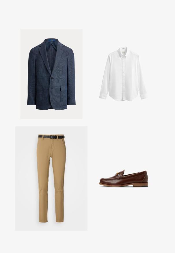 Blazer bleu marine texturé, à un bouton, avec revers crantés, deux poches avant à rabat, une poche poitrine passepoilée, entièrement doublé à l’intérieur.; Chemise blanche à manches longues avec boutons et col boutonné, au design simple et classique.; Pantalons khaki à coupe slim, fabriqués en tissu lisse. Présentent une ceinture noire, deux poches avant et une coupe droite.; Mocassins en cuir marron avec un détail tressé et une accent en or. Talon plat en bois avec grip en caoutchouc noir. Texture lisse, design classique.