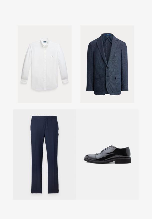 Marineblå tekstureret blazer med enkelt knap, notched revers, to forlommer med klap og en brystlomme med stiksøm, fuldt foret indvendigt.; Hvid skjorte med lange ærmer, knapper foran, krave og lille mørkeblå Polo Ralph Lauren logo broderet på brystet.; Marineblå skræddersyede bukser med tynde striber, slank, lige ben og manchetter mod en ensfarvet baggrund.; Sort laklædersko til fest med rund tå, snørelukning og lav sort gummisål. Har en glat, blank finish.