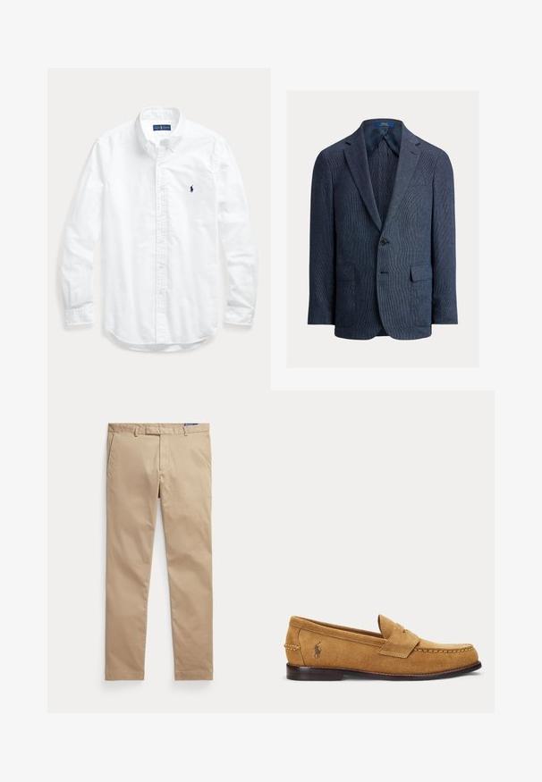 Marineblå tekstureret blazer med enkelt knap, notched revers, to forlommer med klap og en brystlomme med stiksøm, fuldt foret indvendigt.; Hvid skjorte med lange ærmer, knapper og krave, med lille mørkt logo på venstre bryst, lagt fladt på en lys baggrund.; Beige bukser med lige ben, bæltestropper, forlommer og lynlåslukning vist fladt på en hvid baggrund.; Lysebrun ruskind loafer med syede detaljer og lille broderet hestelogo på siden, med lav træhæl og slip-on design.