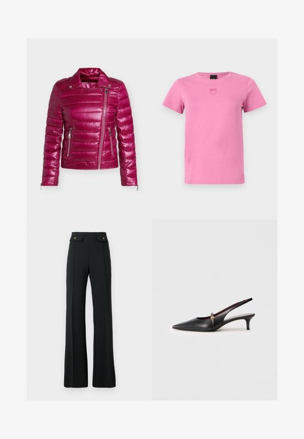 Chaqueta acolchada brillante magenta con cremallera frontal asimétrica, bolsillos laterales con cremallera, cuello con botón a presión y puños con cremallera.; Camiseta rosa de manga corta con cuello redondo y pequeño logo bordado centrado justo debajo del cuello en la parte frontal.; Pantalones de tiro alto de campana negros con detalles de costura frontal y dos bolsillos con tapeta y botones dorados en la cintura.; Tacón slingback de cuero negro con punta afilada, tacón delgado y un acento dorado cerca de la correa del tobillo. Textura suave y diseño sencillo.