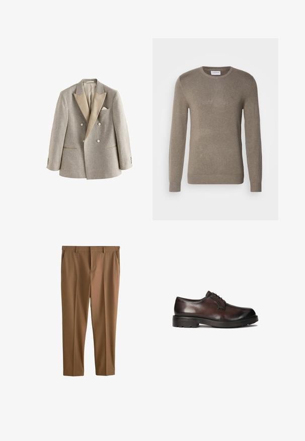 Licht beige dubbelgeknoopt colbert met brede satijnen revers, vier knopen, twee zakken en een pochet, weergegeven op een witte achtergrond.; Khaki-kleurige trui gemaakt van zacht gebreid materiaal, met een ronde halslijn, lange mouwen en een subtiele geborduurde logo op de borst.; Bruine op maat gemaakte broek met ceintuurlussen, voorzakken en een vlak voorkant, weergegeven tegen een witte achtergrond.; Bruine leren dresschoenen met een gladde afwerking, ronde neus en veterontwerp. Beschikt over een stevige zwarte rubberen zool met grip.