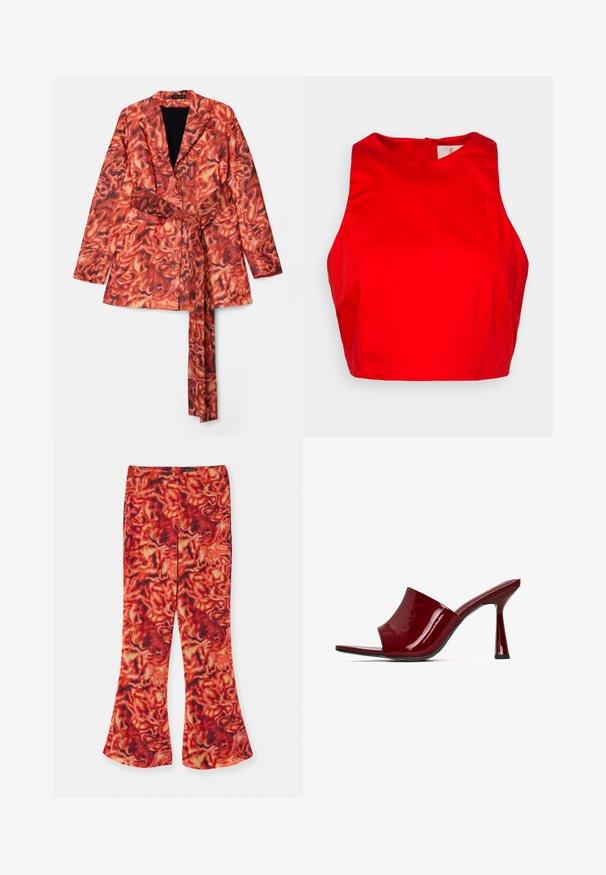 Onalaja MALIA - Blazer - orange; Sara Battaglia CROP - Top - aperol; Onalaja MALIA PANTS - Bukser - orange; Røde patentlæder hælhøje mules med åben tå, buet overdel og en slank hæl. Glat tekstur med en blank finish og et minimalistisk design.
