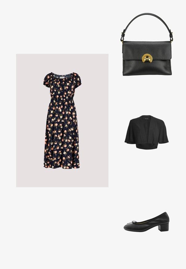 Bolero negro corto con parte delantera abierta, mangas acampanadas cortas y anchas y sutil detalle de tela con brillo.; Apricot VINTAGE ROSE - Vestido informal - navy; Zapato de tacón de cuero negro con punta redonda, pequeño detalle de lazo en la parte delantera y tacón cuadrado. Textura suave con acentos de diseño mínimos.; Coccinelle BINXIE 5801 - Bolso de mano - nero