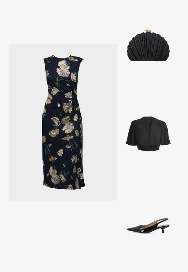 Zwarte korte bolero met open voorkant, brede korte wapperende mouwen en subtiele glanzende stofdetails.; Mouwloze, aangesloten midi-jurk in donkerblauw met een geel-groene bloemenprint, zijsplitdetail en ronde hals.; Zwarte lakleren slingback pump met een puntige neus en een lage blokhak. Glad oppervlak met een gevoerde binnenkant en verstelbare band.; Zwarte clutch in schelpvorm met geplooide textuur en gouden sluiting gedrukt met twee pareldecoraties.