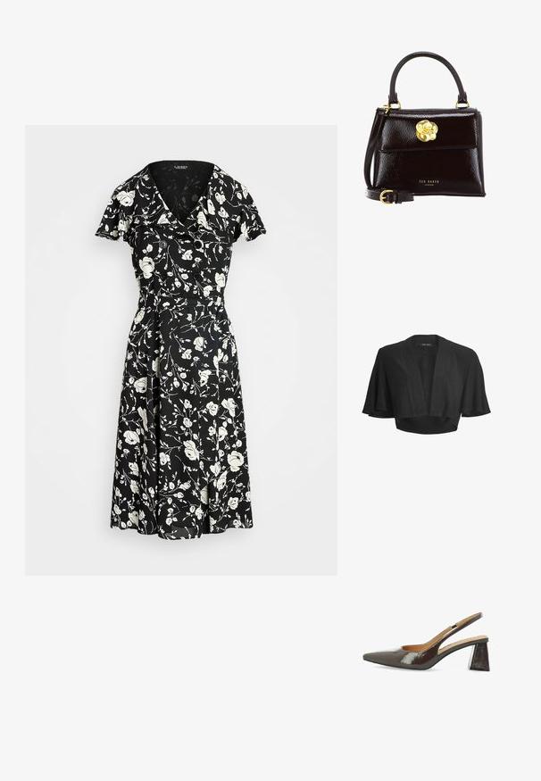 Sort kort bolero med åben front, brede, korte flagrende ærmer og subtil skinnende stofdetalje.; Sort kjole med hvidt blomstertryk, korte ærmer, V-hals og knapdetaljer. Udflydende skørt for en let og luftigt pasform. Materialet ser let ud.; Slingback højhælede sko i blank, mørkebrun patentlæder, spids tå, udskårne sider og en firkantet blokhæl.; Sort laklæderhåndtaske med struktureret design, der har et buet håndtag, aftagelig rem og en guldfarvet blomsterlåsdetalje.