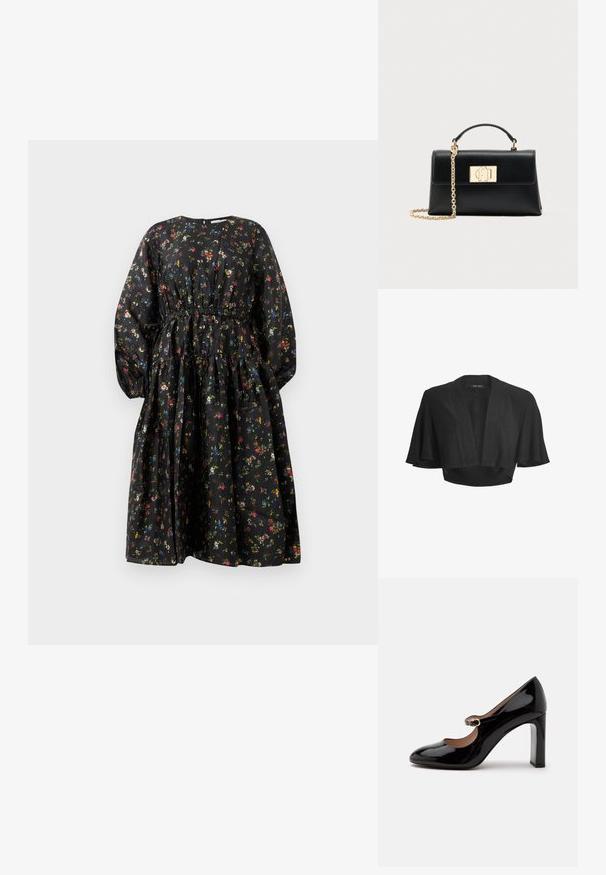 Schwarzes, gekürztes Bolero mit offenem Vorderteil, weiten, kurzen Schmetterlingsärmeln und dezent schimmerndem Stoffdetail.; Schwarzes Blumenmusterkleid mit langen Ärmeln, geraffter Taille und gestuftem Rock. Es zeichnet sich durch ein buntes Blumenmuster und eine glatte Stoffstruktur aus.; Schwarzer Mary Jane Lackleder-Pumps mit rundlicher Spitze und kleinem Schnallenriemen über dem Spann vor weißem Hintergrund.; Schwarze Lederhandtasche mit einer strukturierten Form, die einen oberen Griff und einen goldfarbenen Kettenriemen besitzt. Dekorative goldene Beschläge mit Logodetail.