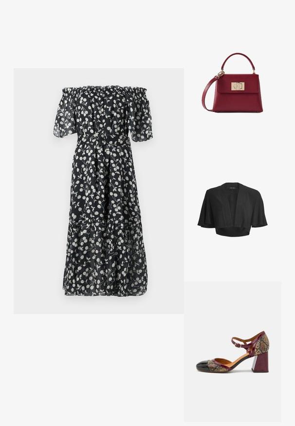Sort kort bolero med åben front, brede, korte flagrende ærmer og subtil skinnende stofdetalje.; Sort off-shoulder kjole med hvidt blomster mønster, korte flæseærmer, indsnævret talje og lagdelt kant. Fremstillet af letvægts, gennemsigtig stof.; Hæle sko med tå i sort laklæder, burgunder rem og tekstiloverdel i slangeskindsdesign; har en kraftig blokhæl.; Vinrød læderhåndtaske med buet øverste håndtag, aftagelig rem og rektangulært guldlås foran på klappen.