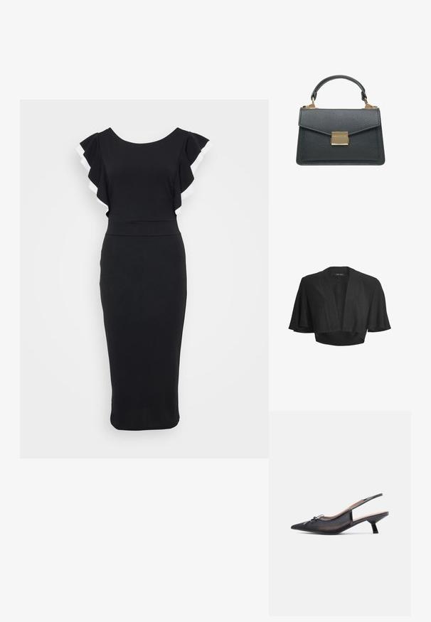 Zwarte korte bolero met open voorkant, brede korte wapperende mouwen en subtiele glanzende stofdetails.; Zwarte jurk met afgeflonken mouwen met witte rand, aansluitende lijfje en een midi-lengte silhouet gemaakt van zacht materiaal.; Zwarte slingback schoen met een spitse neus, gemaakt van mesh en stof, kleine blokhak, decoratieve strik aan de voorkant.; Zwarte gestructureerde leren handtas met korte handgreep en rechthoekige gouden gesp op de voorflap.
