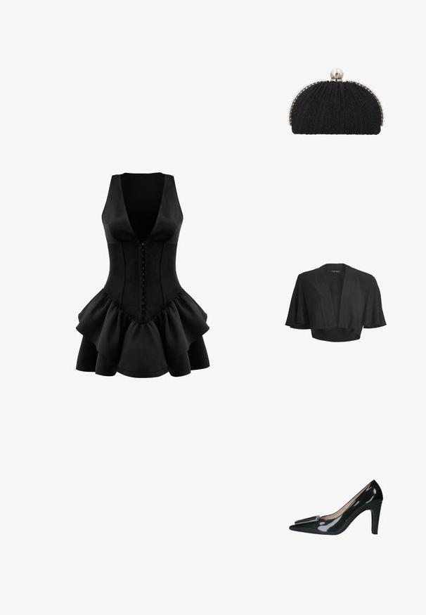 Zwarte korte bolero met open voorkant, brede korte wapperende mouwen en subtiele glanzende stofdetails.; OW Collection AUGUSTA - Jerseyjurk - black; Manfield Hoge hakken - schwarz; Zwarte avondclutch met gestructureerde stof, omlijst door een rij kleine parels en een grote parelsluiting bovenop.